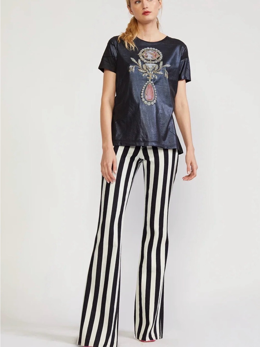 Cynthia Rowley Black & White Vertical Stripe Flare Pants